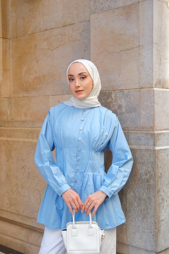 Beli Nervurlu Poplin Gömlek Mavi