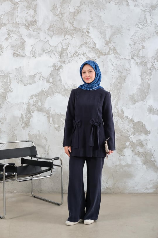 Bisiklet Yaka Kurdele Detay Modal Takım Lacivert