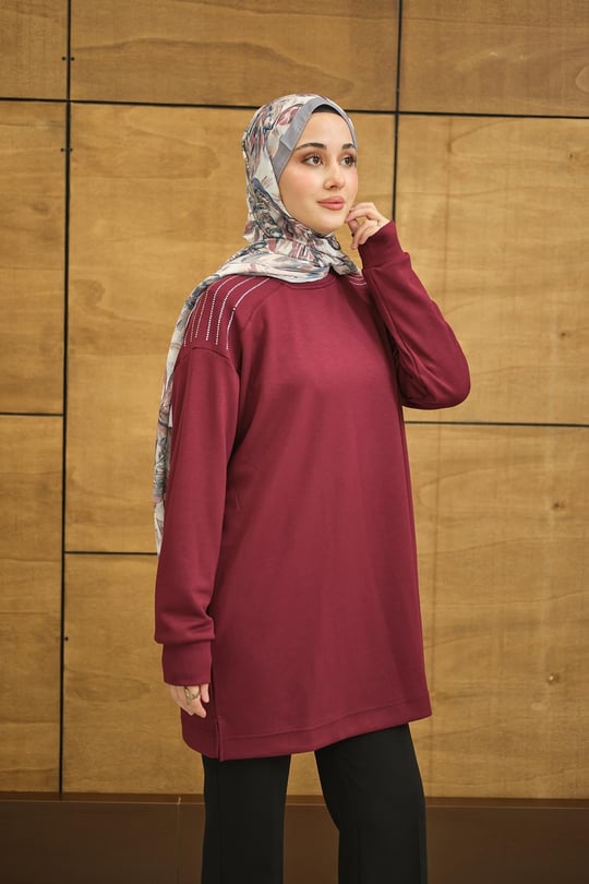 Bisiklet Yaka Omuz Taş Detay Regular Viskon Tunik Mürdüm