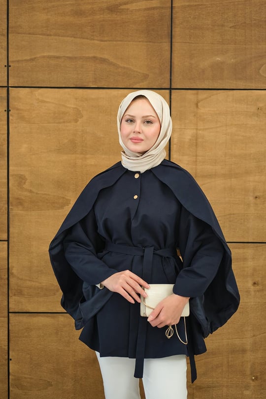 Bisiklet Yaka Pelerin Detay Geniş Kollu Çıtçıtlı Astarlı Regular Gabardin Trenç Lacivert