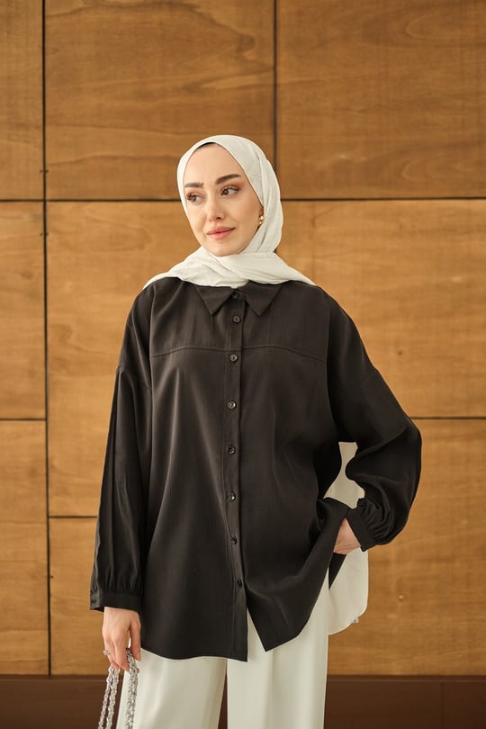 Biyeli Bel Bağlamalı Gömlek Siyah