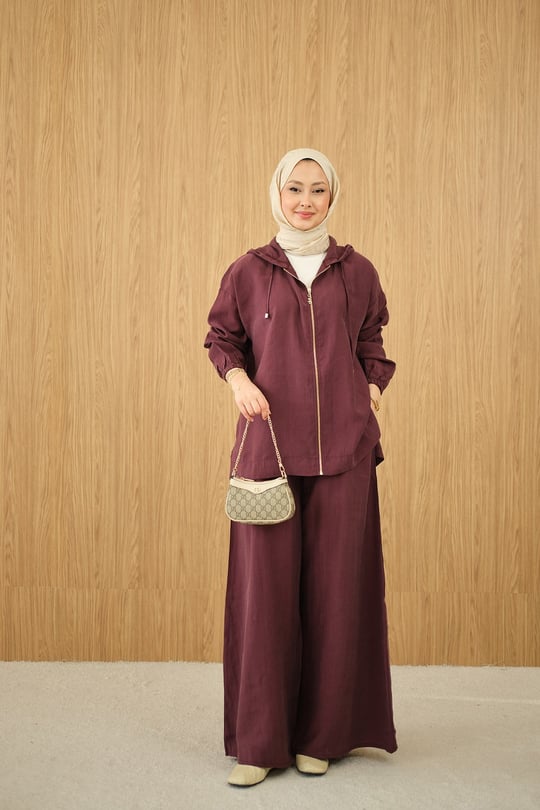 Bol Paça Fermuarlı Takım Bordo