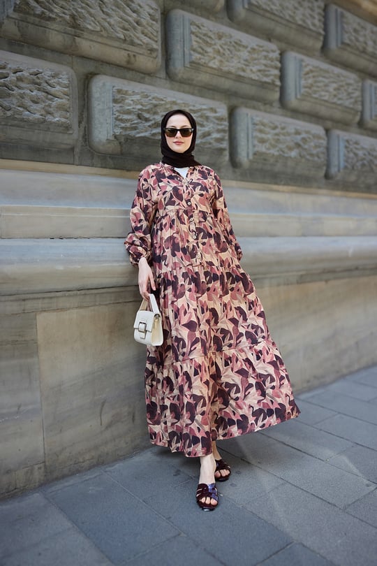 Botanik Desen Elbise Kahverengi