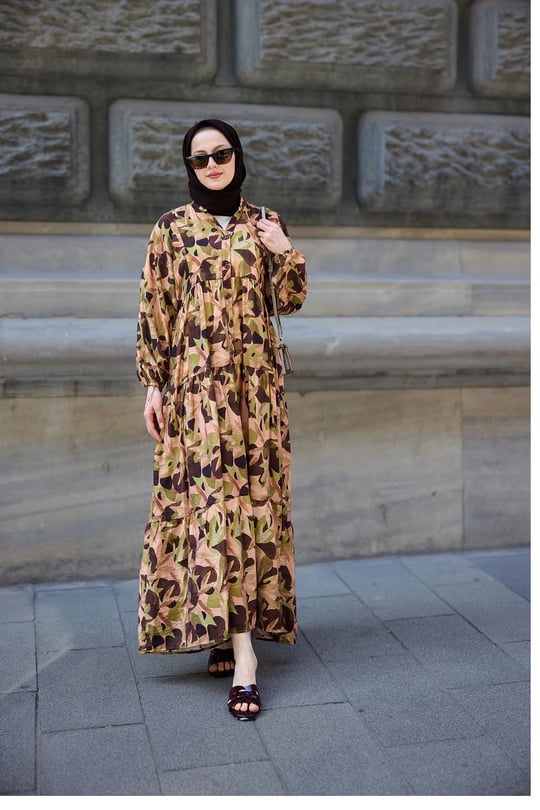 Botanik Desen Elbise Yeşil