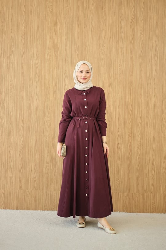 Boydan Düğmeli Kemerli Elbise Bordo