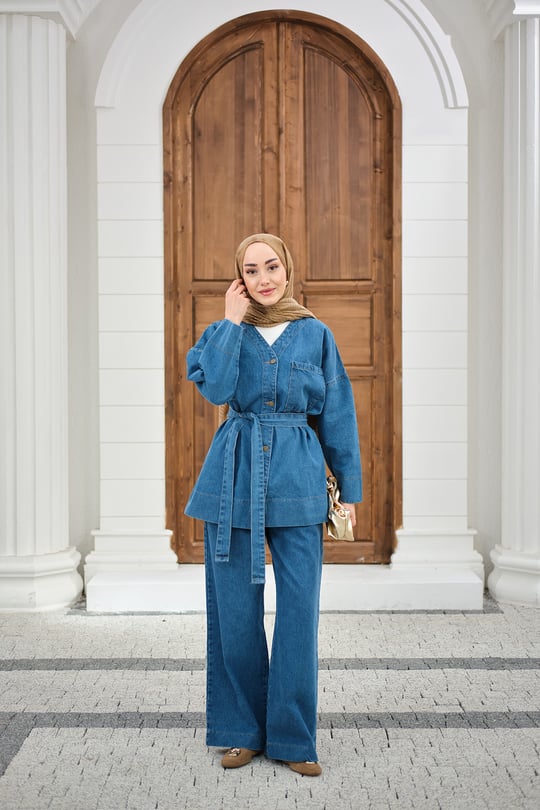 Cep Detay Bel Bağlamalı Kot Takım Mavi