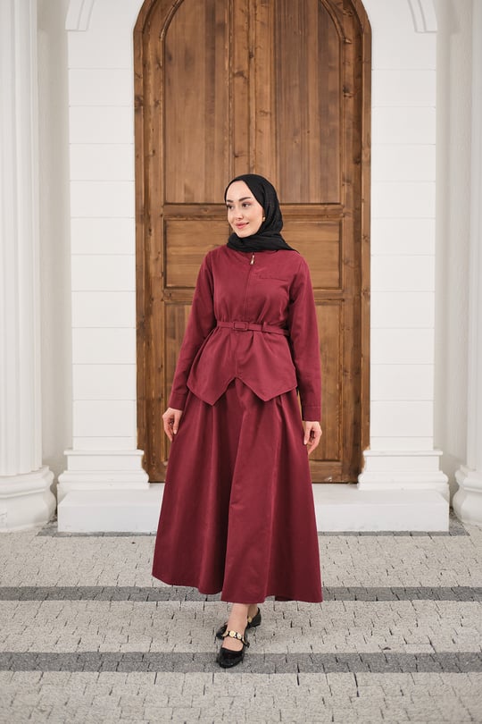 Cep Detay Fermuarlı Kemer Bağlamalı Etekli Takım Bordo