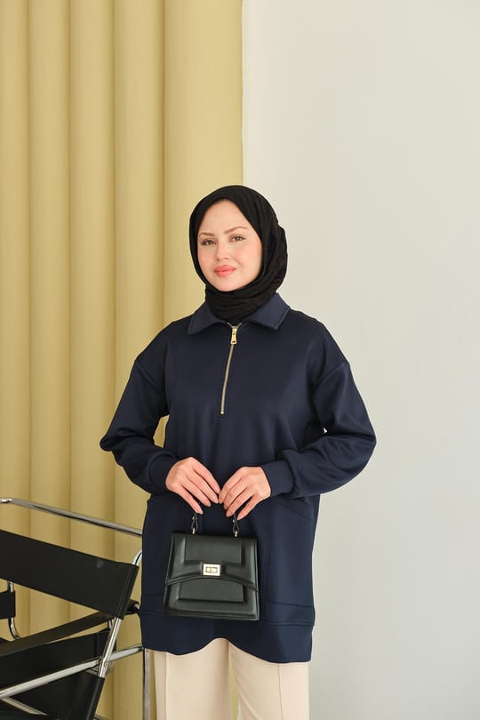 Cep Ve Yaka Detay Yarım Fermuarlı Sweat Lacivert