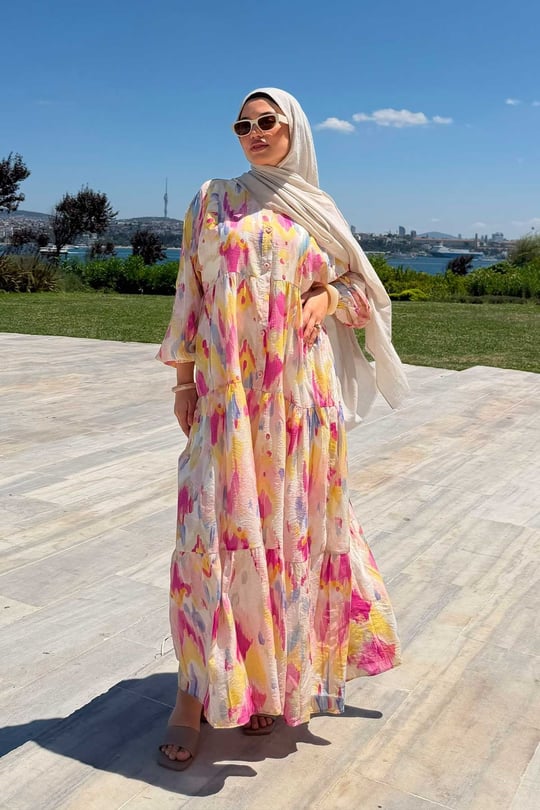 Sulu Boya Desen Elbise Fuşya
