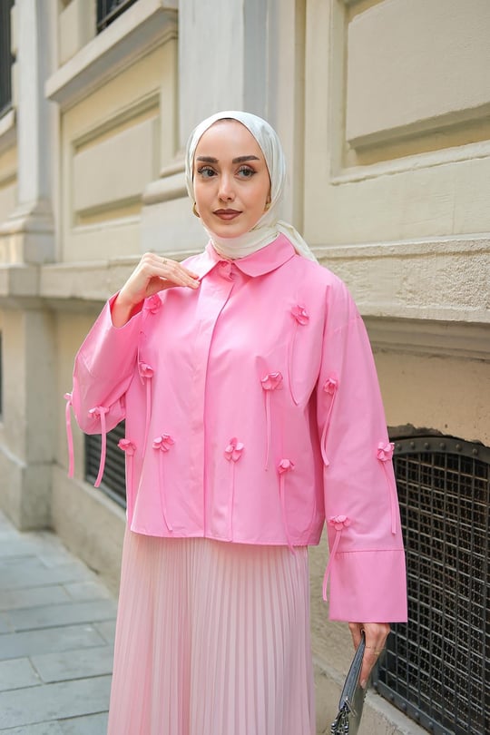 Çicek Desenli Gömlek Pembe