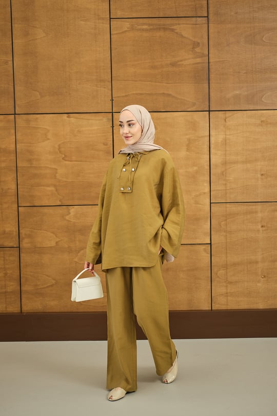 Çift Düğme Detaylı Takım Hardal