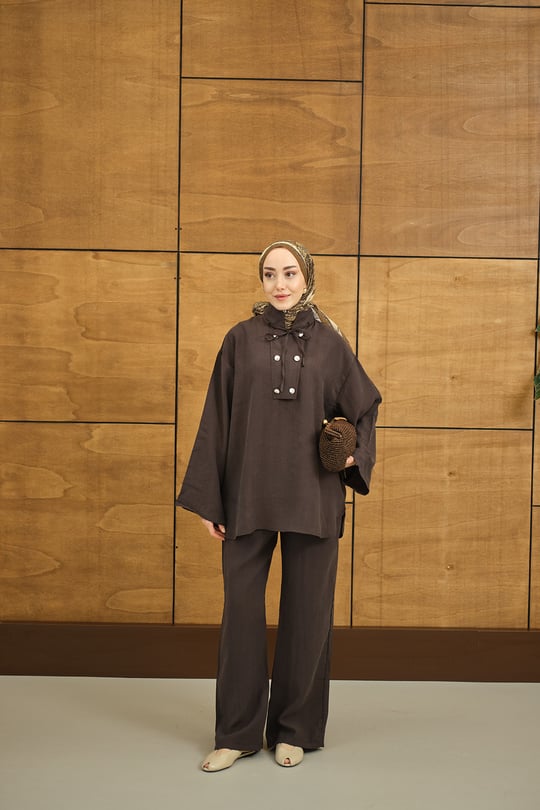 Çift Düğme Detaylı Takım Kahverengi