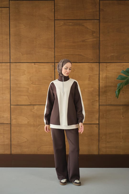 Çift Renk Fermuar Detay Takım Kahverengi