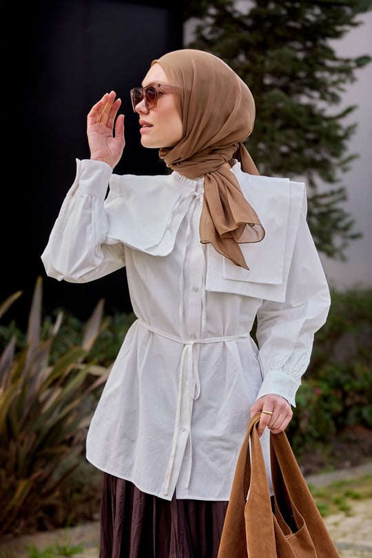 Çift Yaka Detaylı Gömlek Beyaz