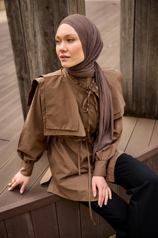 Çift Yaka Detaylı Gömlek Kahverengi