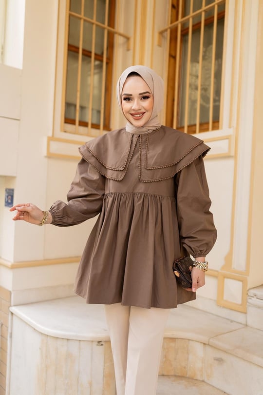 Çift Yaka Gupurlu Gömlek Kahverengi