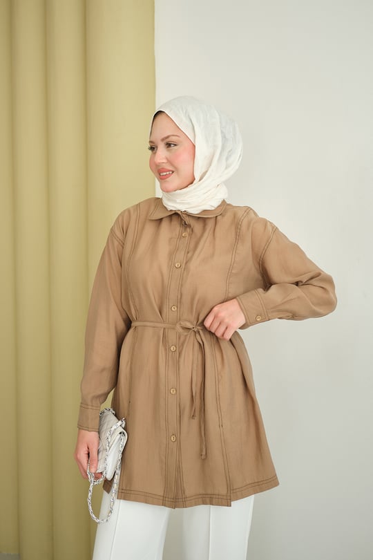 Çima Detay Bel Bağlamalı Gömlek Vizon