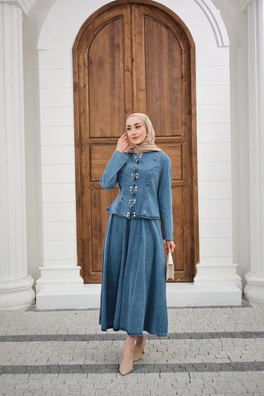 Çıtçıtlı Bisiklet Yaka Etekli Kot Takım Buz Mavi