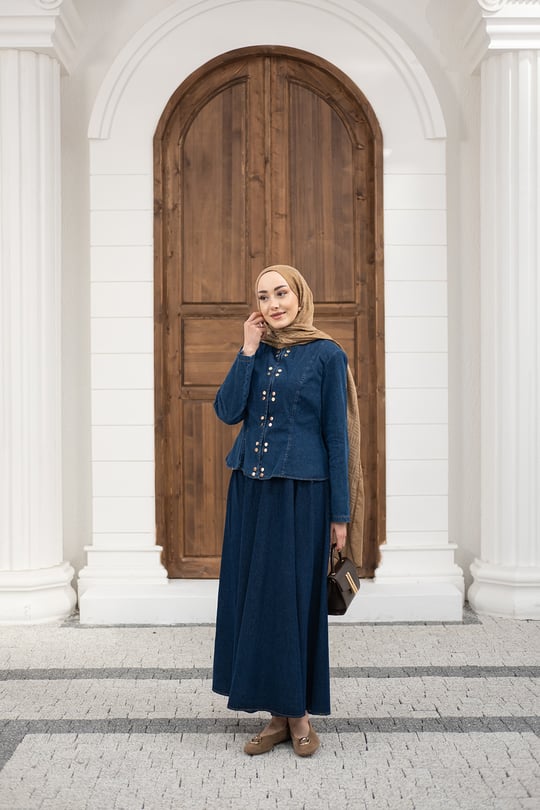 Çıtçıtlı Bisiklet Yaka Etekli Kot Takım Lacivert