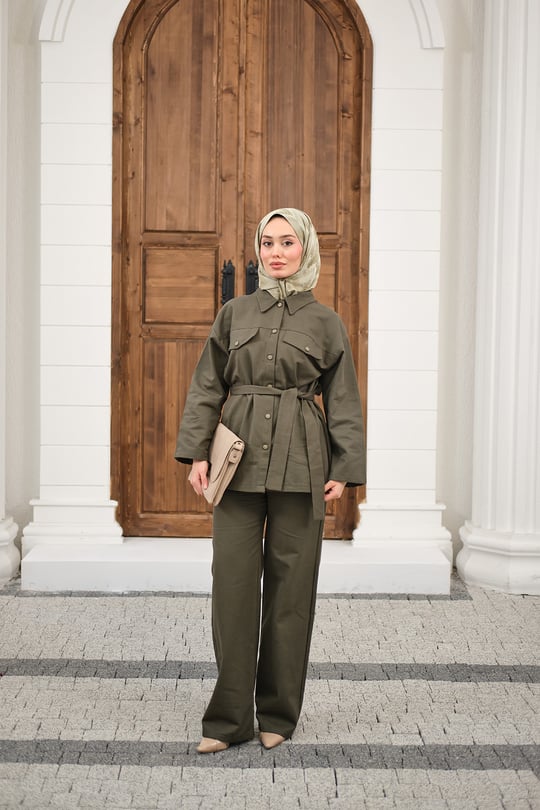 Çıtçıtlı Gabardin Bel bağlamalı takım Haki Yeşil