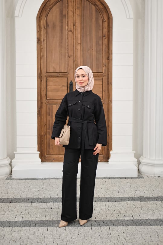 Çıtçıtlı Gabardin Bel bağlamalı takım Siyah