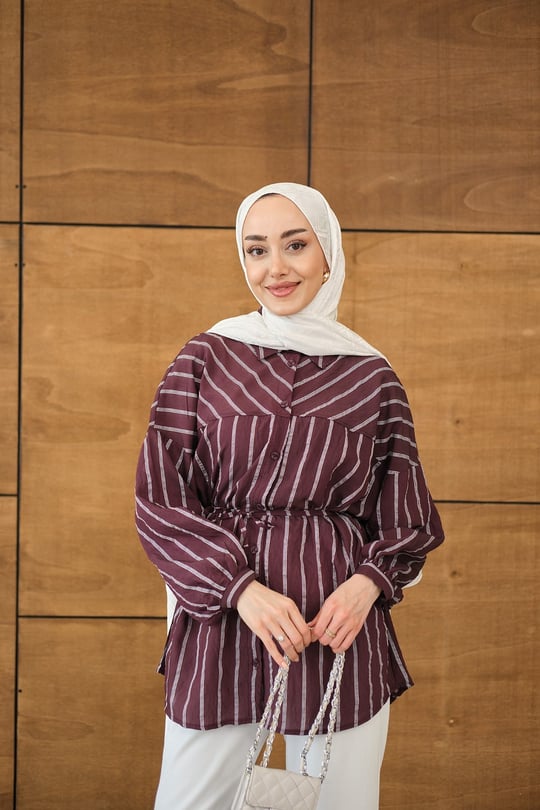 Çizgi Detaylı Salaş Gömlek Mürdüm