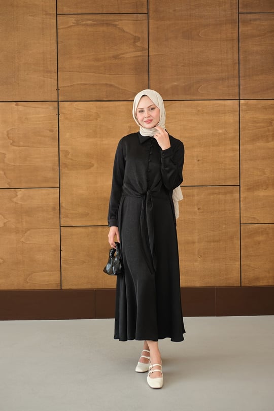 Çoban Düğmeli Kraş Bağlamalı Kendinden Desenli Etekli Takım Siyah