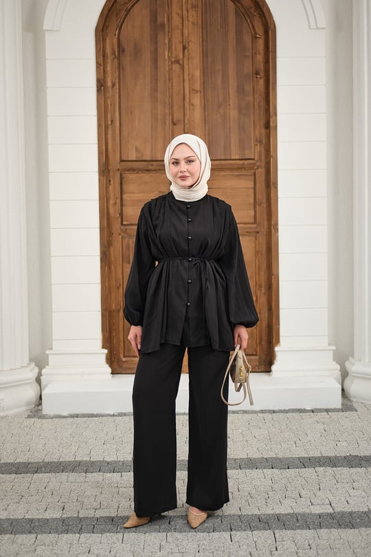 Çoban Düğmeli Pantolonlu Pilise Detay Takım Siyah