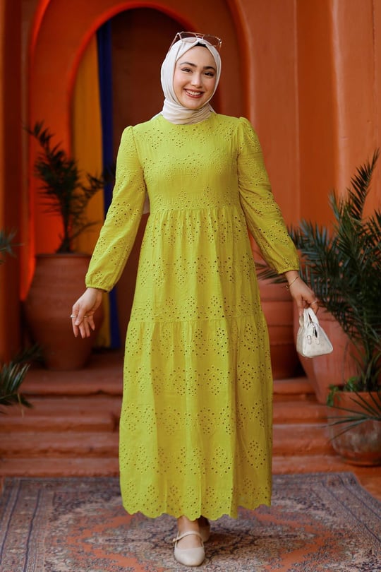 DANTEL DETAYLI ELBISE Yağ Yeşil