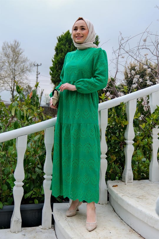 DANTEL DETAYLI ELBISE YESIL