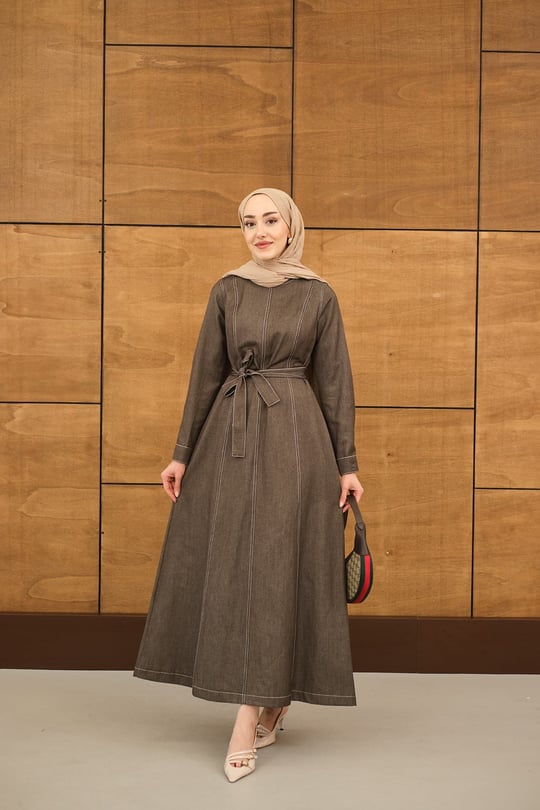 Dikiş Detay Bel Bağlamalı İnce Kot Elbise Kahverengi