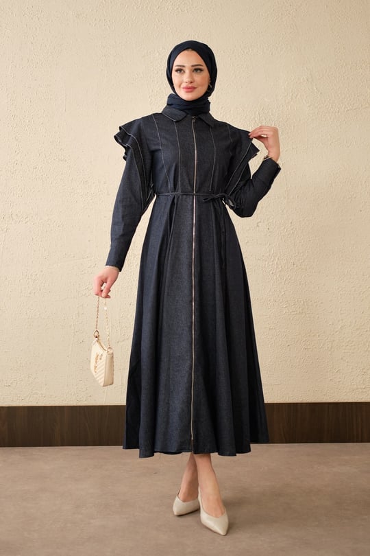 Dikiş Detay Omuz Büzgülü Kot Elbise Lacivert