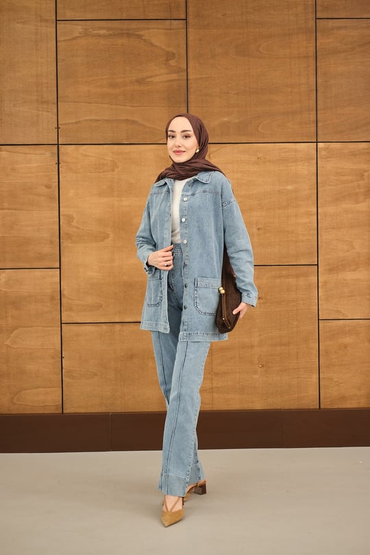 Düğme Detay Çift Cepli Pantolonlu Kot Takım Buz Mavi