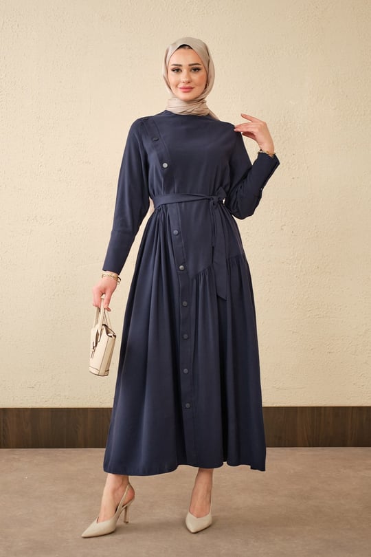 Düğmeli Etek Büzgülü Bel Bağlamalı Elbise Lacivert