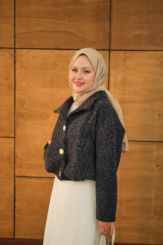 Düğmeli Kısa Keçe Kaban Lacivert