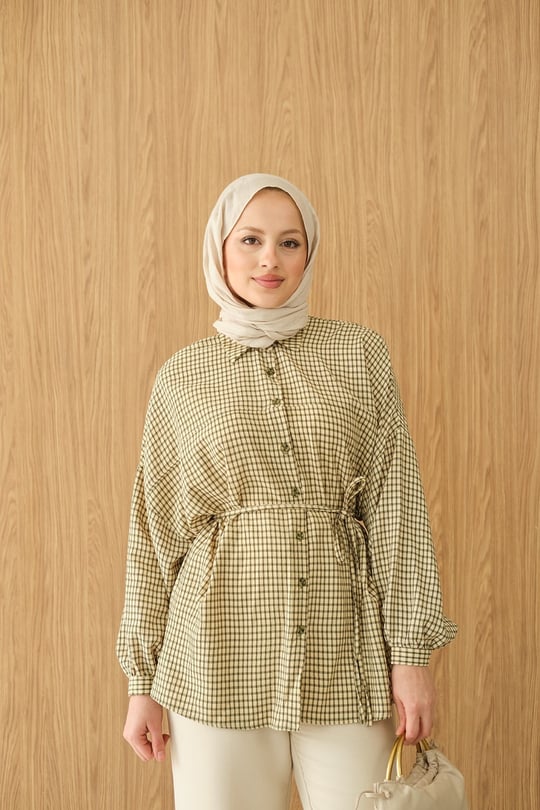 Ekose Desen Bel Bağlamalı Gömlek Yeşil