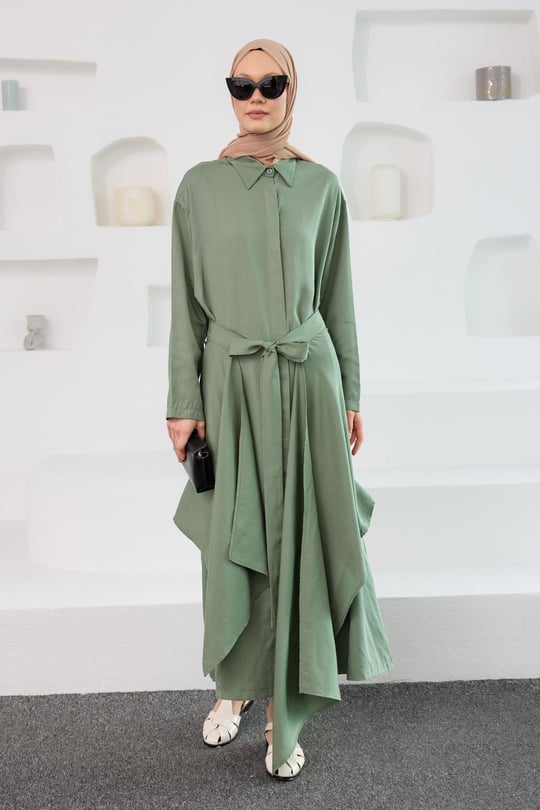 Eteği Bağlamalı Elbise Yeşil