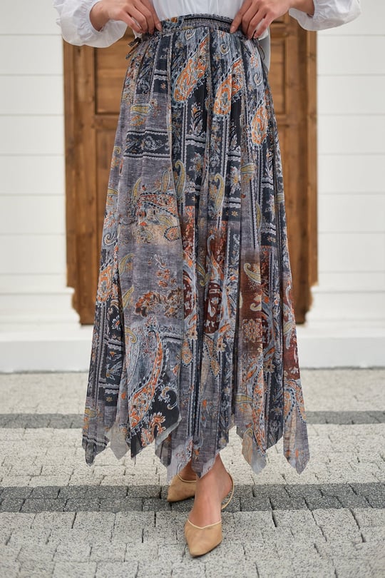 Etnik Desen Asimetrik Kesim Şifon Etek Antrasit