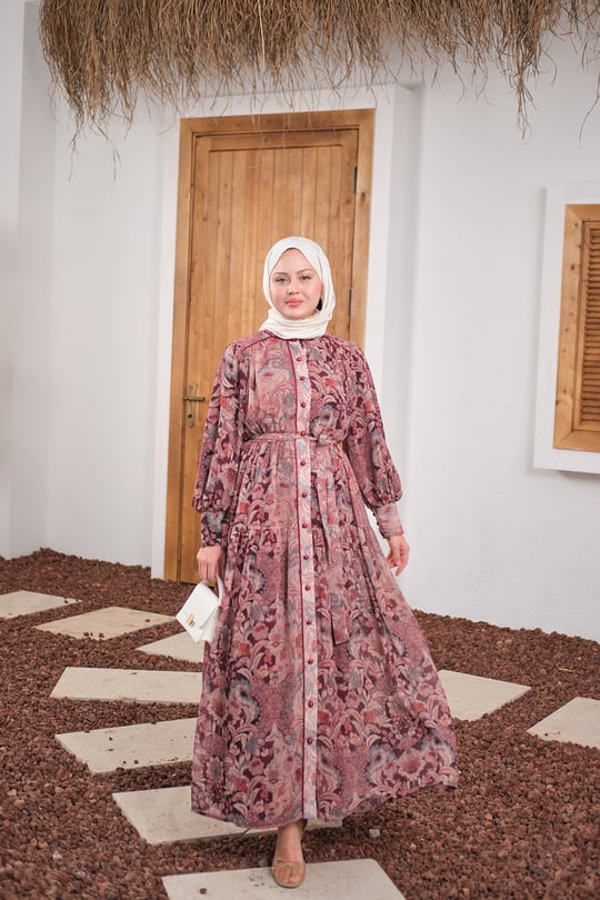 Etnik Desen Büzgülü Kemer Detay Şifon Elbise Mürdüm