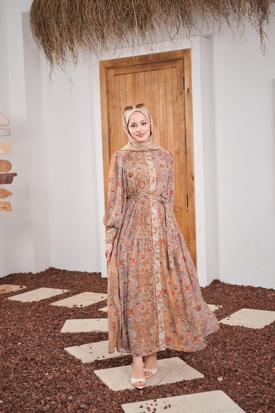 Etnik Desen Büzgülü Kemer Detay Şifon Elbise Yeşil