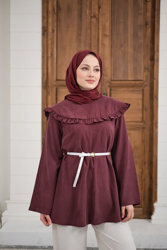 Fırfır Detay Dikiş Pensli Tunik Mürdüm