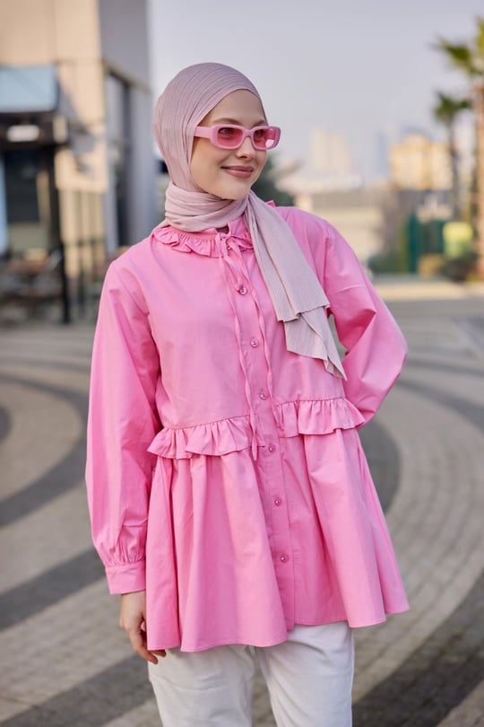 Fırfırlı Düğmesi Taş Detaylı Tunik Gömlek Pembe