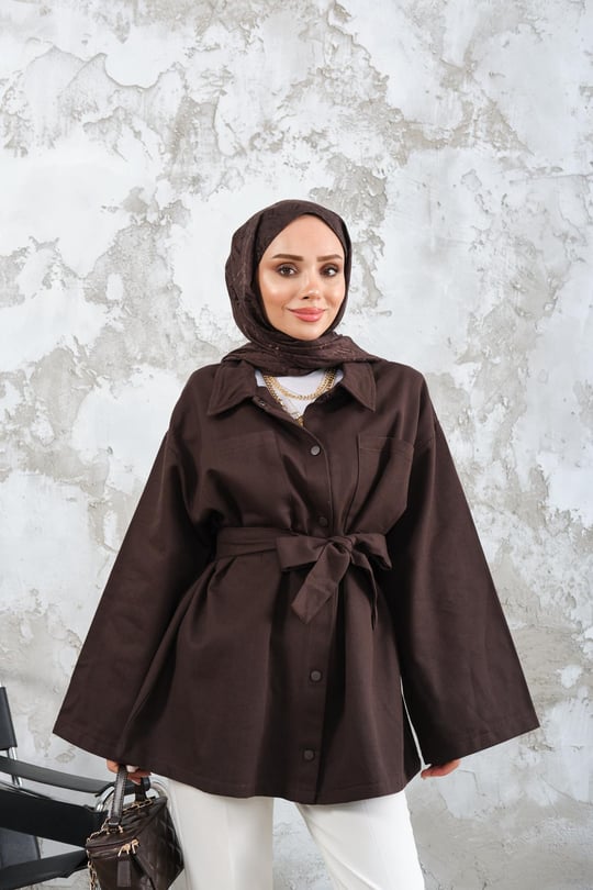 Gabardin Çıtçıt Detay Bel Bağlamalı Ceket Kahverengi