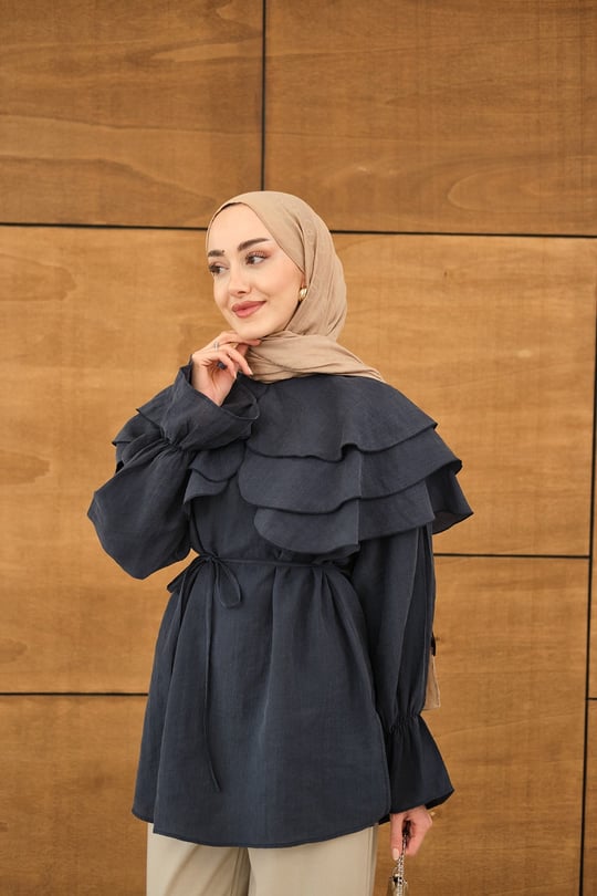 Geniş Katlı Yaka Bel Bağlamalı Tunik Lacivert