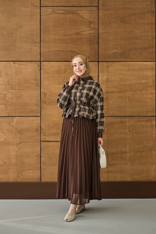 Gizli Fermuarlı Ekose Desen Eteği Tül Ve Pilise Detay Takım Kahverengi