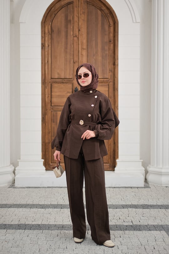 Gold Kemerli Düğme Detay Takım Kahverengi