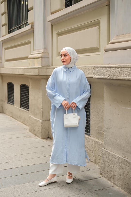 Gömlek Detay Elbise Mavi