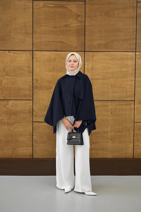 Gömlek Yaka Düğmeli Astarlı Oversize Gabardin Panço Trenç Lacivert