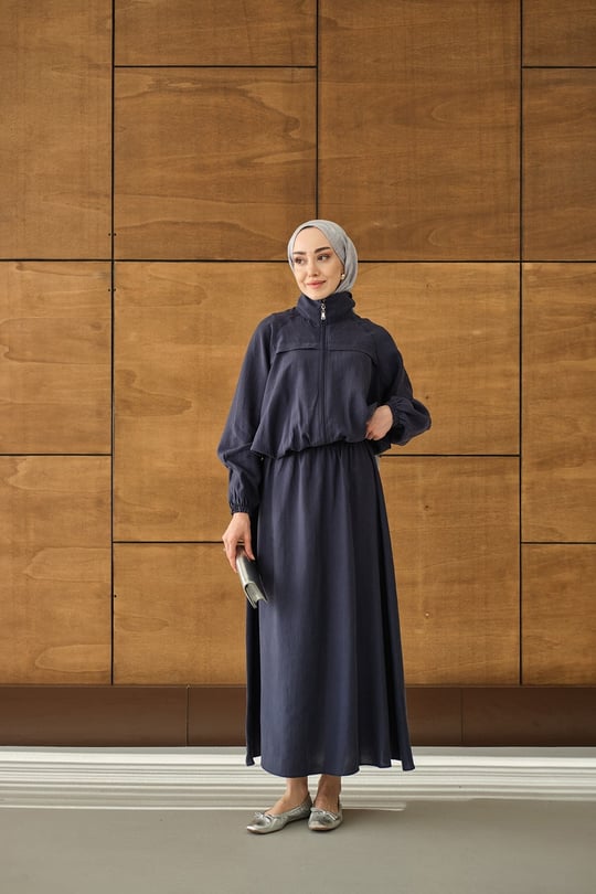 Gömlek Yaka Fermuarlı Etekli Takım Lacivert