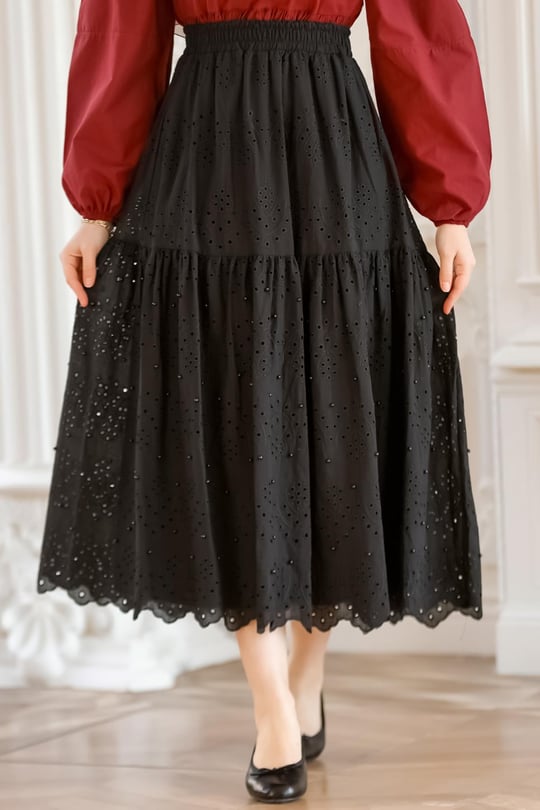 İnci Aksesuarlı Etek Siyah